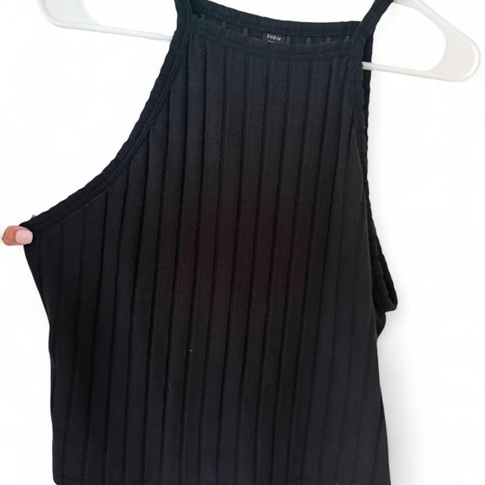 SHEIN Black Ribbed Knit Tank Top Women's 1XL Sleeveless Stretch High Neck